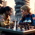 Animated women in superhero costume play chess in urban ruins