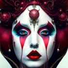 Dramatic red and white makeup with ornate headpiece and dark eye accents