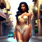 Digital artwork features woman in gold and cream lingerie on bazaar street with Arabic script signs.