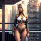 Futuristic woman in metallic costume on balcony at sunset