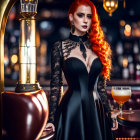 Vibrant red-haired woman in black lace dress at bar with beer glass