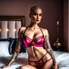 Bald Person with Tattoos Poses in Pink Lingerie on Bed