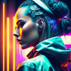 Cybernetically enhanced woman in neon-lit futuristic scene