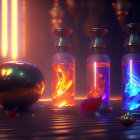 Mystical artifacts in jars on reflective surface with neon-lit backdrop