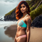 Red-haired woman in blue bikini on sandy beach with lush greenery and rocks