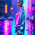 Bald Woman in Shiny Jacket on Neon-Lit Rainy City Street