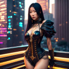 Elaborate dark fantasy armor on confident woman in urban nightscape