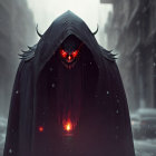 Menacing figure in black cloak with red glowing eyes on urban street