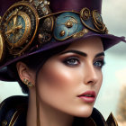 Dramatic makeup woman in steampunk hat under cloudy sky