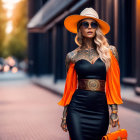 Fashionable woman in black and orange outfit with wide-brimmed hat and sunglasses flaunting stylish tattoos