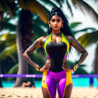 3D rendered image of a confident woman in futuristic attire on a beach