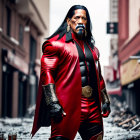 Red and Black Superhero Costume on Debris-Littered Street