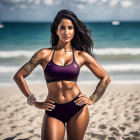 Tattooed woman in bikini on beach with clear skies and ocean