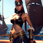 Stylized female pirate captain on ship deck with ocean background.