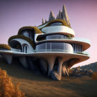 Futuristic multi-level house with organic shapes, large windows, and terraces in twilight landscape