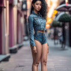 Confident woman in denim jacket and shorts on city street with blurred urban background