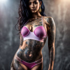 Woman with Blue Hair and Tattoos in Purple Bikini on Grey Background