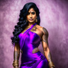 Traditional Indian woman illustration in purple outfit with henna designs