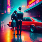 Couple holding hands in neon-lit city street with red car and futuristic ambiance.