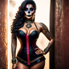 Day of the Dead-themed woman in corset and tattoos poses between walls