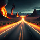 Surreal multi-lane road with erupting volcanoes under stormy sky