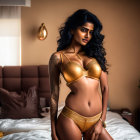 Woman in Gold Lingerie Poses with Tattoos and Styled Hair