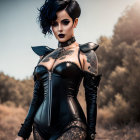 Dark-haired woman in gothic corset, lace gloves, and choker outdoors