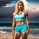 Confident woman in sportswear on beach at dusk with tattoos poses against waves and clouds