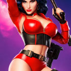 Stylized female character in red leather outfit with gun on purple background