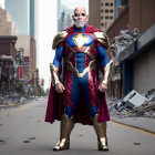 Superhero in Gold Armor Plates, Blue Suit, and Red Cape on Deserted City Street