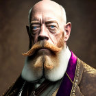 Prominent mustached man in regal costume with purple sash and medals