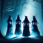 Four women in dark dresses with horned headpieces in misty, blue-lit forest