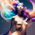 Ethereal woman in gold dress amidst swirling colors and flowers