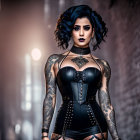 Dark-haired woman in gothic makeup, tattoos, black corset, and choker in dimly