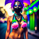 Person in festival attire with mask and feathers on bokeh-lit street