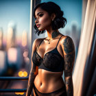 Tattooed woman in black lingerie by city window at dusk