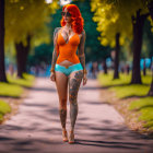 Red-haired woman in sunglasses and tattoos strolling in park in orange and blue outfit