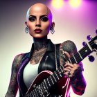 Bald Female with Tattoos in White Tank Top and Black Vest Holding Red Electric Guitar