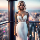 Woman with tattoos in white dress on balcony at dusk with city skyline.