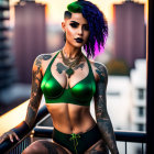 Tattooed woman in green bikini with gloves on balcony at dusk