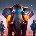 Digitally manipulated image: Elephant with colorful lighting and stylized cowboy figures.