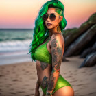 Woman with Green Hair and Tattoos in Green Swimsuit on Beach at Sunset