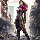 Confident woman in futuristic attire among ruined cityscape