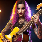 Female guitarist with purple hair and tattoos holding a guitar under stage lights