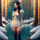 Illustrated woman with black hair in misty enchanted forest with snow-covered flora and autumn leaves.