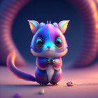 Colorful Fantastical Creature with Large Eyes and Bushy Tail Beside Broken Bead Necklace