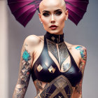 Tattooed bald woman in geometric bodysuit with polygonal earrings