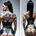 Black-haired woman with intricate tattoos in black sportswear on grey background