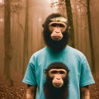 Person with Monkey Head in Forest Wearing Monkey Face T-shirt