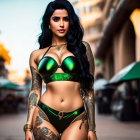 Tattooed woman in green bikini on city street with blurred buildings